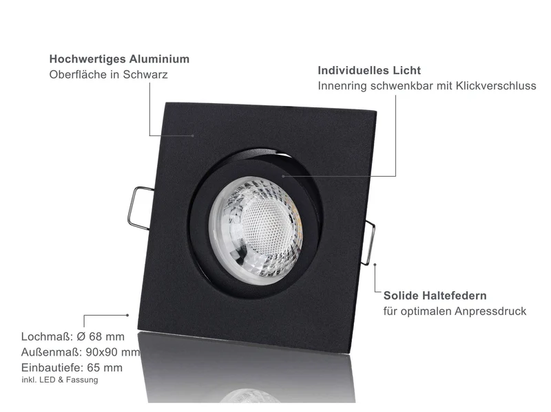LED Einbaustrahler Dimmbar - Schwarz Eckig 5W GU10 LED - Rapid