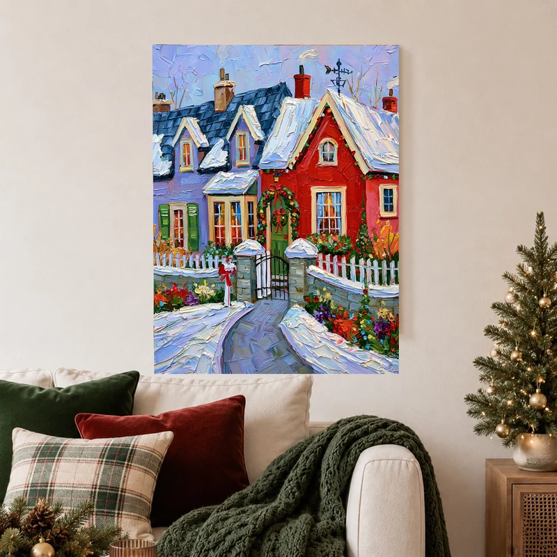 Verschneite Weihnachtshäuser Retro Poster