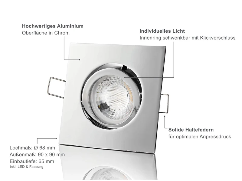 LED Einbaustrahler Dimmbar - Chrom Eckig 5W GU10 LED - Rapid