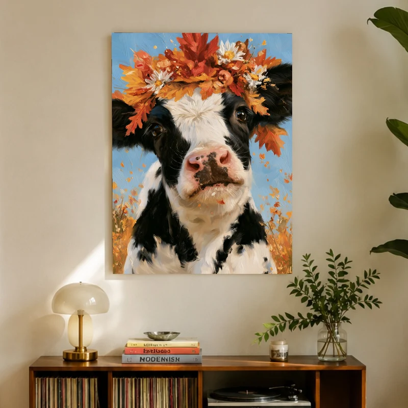 Kuh im Herbstkranz Leinwand