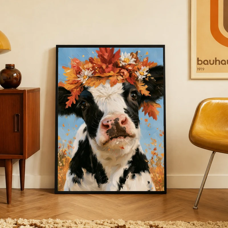 Kuh im Herbstkranz Poster