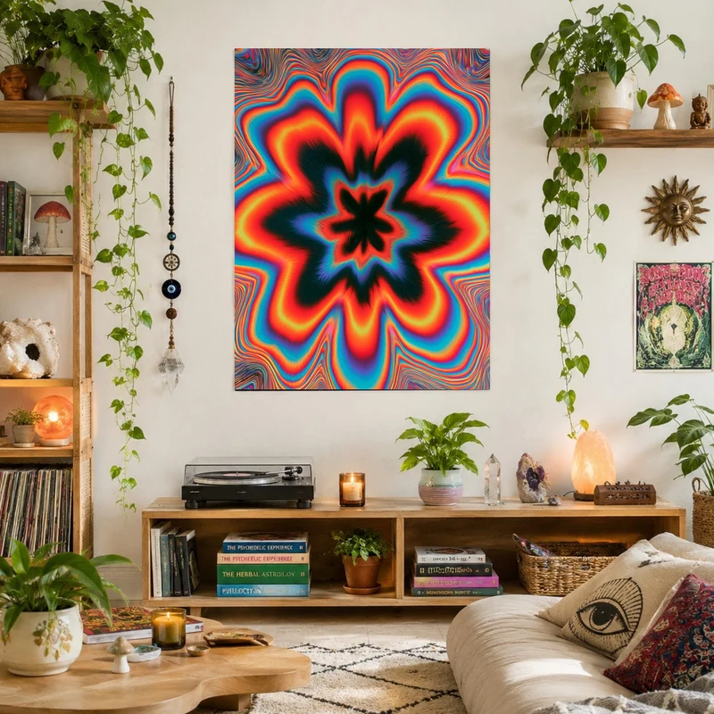 Psychedelische Blüte in Flammen Poster