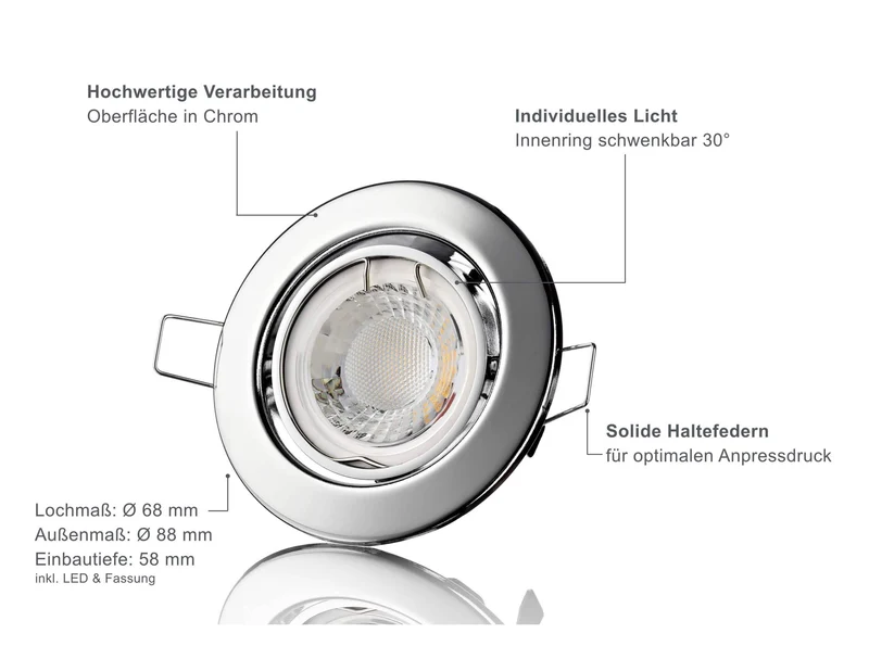 LED Einbaustrahler Dimmbar - Chrom Rund 5W GU10 LED - Classico