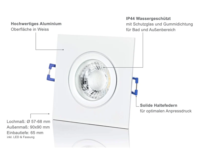 LED Einbaustrahler IP44 - Weiß Eckig 5W GU10 LED - Agua
