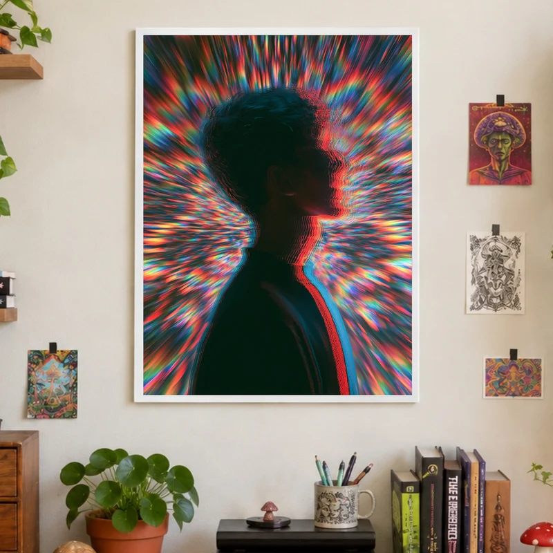 Psychedelische Silhouette im Farbsturm Poster