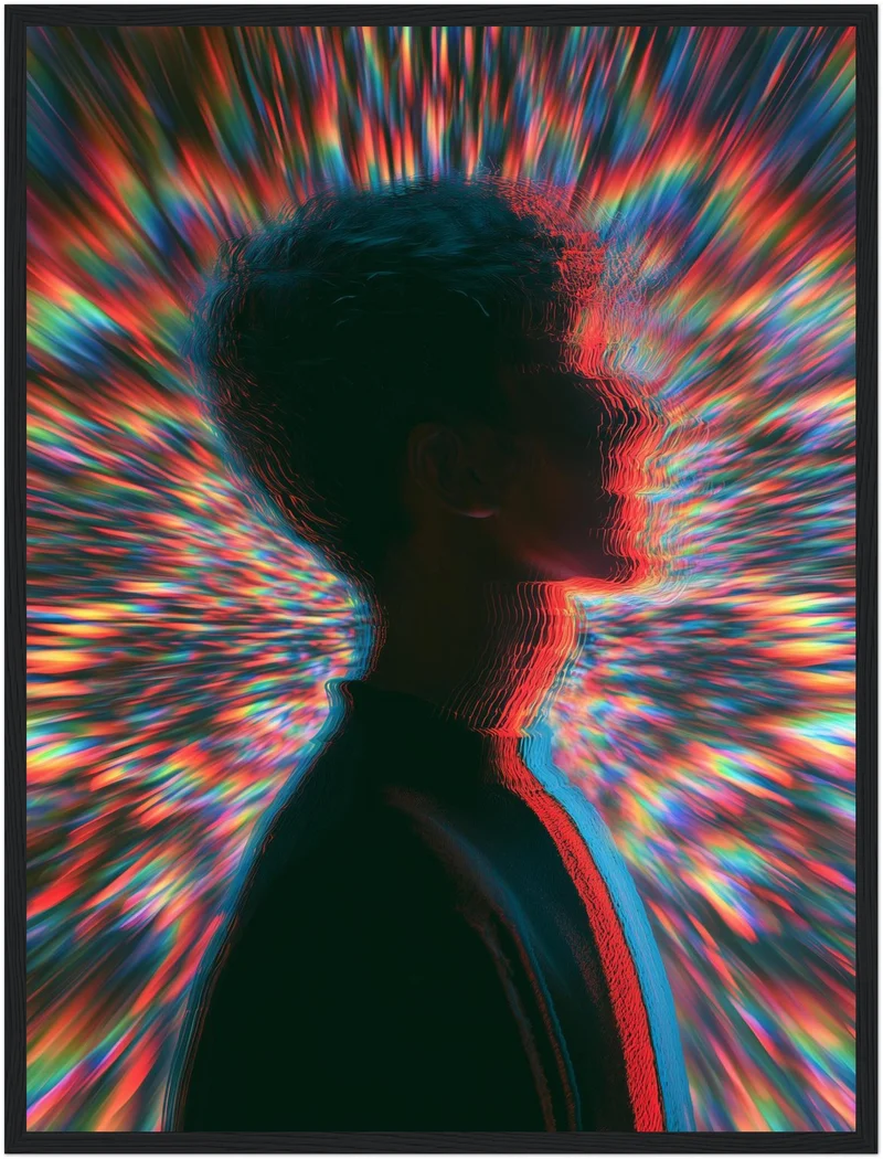Psychedelische Silhouette im Farbsturm Poster