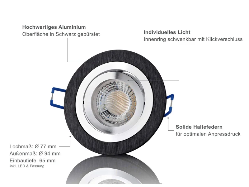 LED Einbaustrahler 230V - Alu gebürstet Schwarz Rund 5W GU10 LED - Designo