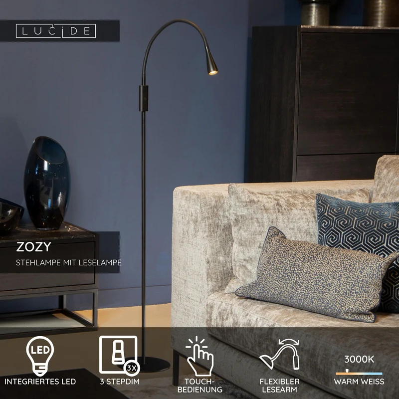 LED-Lese-Stehleuchte Zozy mit Touchdimmer und flexiblem Lesearm