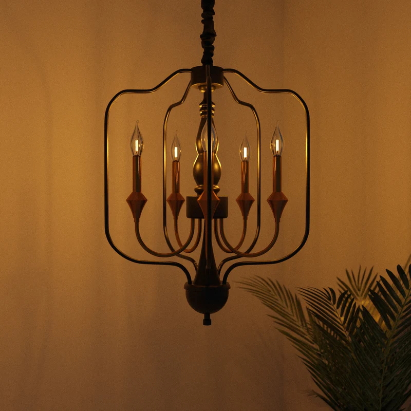 Schwarz Gold 5-Licht Geometrischer Laternen-Kronleuchter~2951
