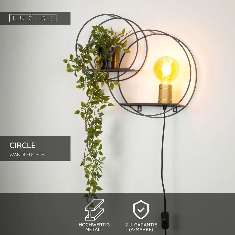 Wandleuchte Circle mit Ablage Schwarz/Messing