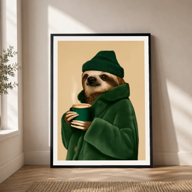 Faultier mit Kaffeebecher Poster