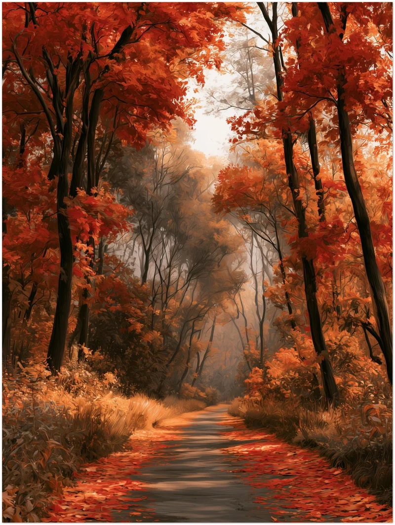 Herbstlicher Waldweg im Nebel Leinwand