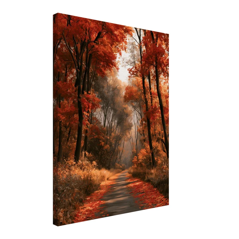 Herbstlicher Waldweg im Nebel Leinwand