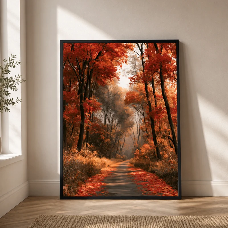 Herbstlicher Waldweg im Nebel Poster