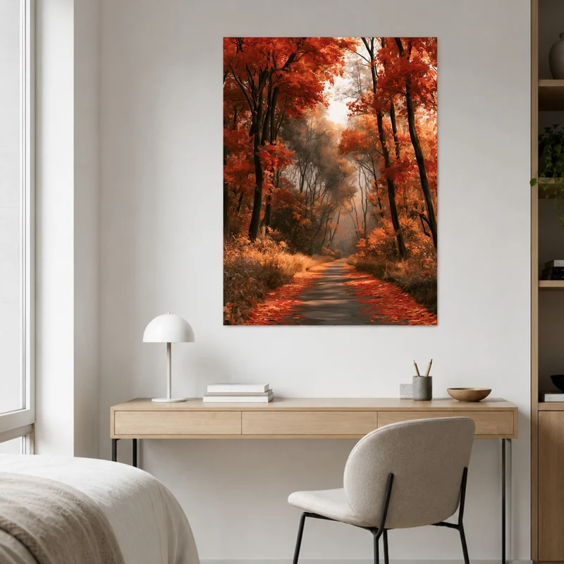 Herbstlicher Waldweg im Nebel Poster