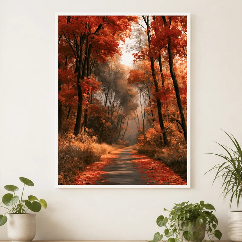 Herbstlicher Waldweg im Nebel Poster