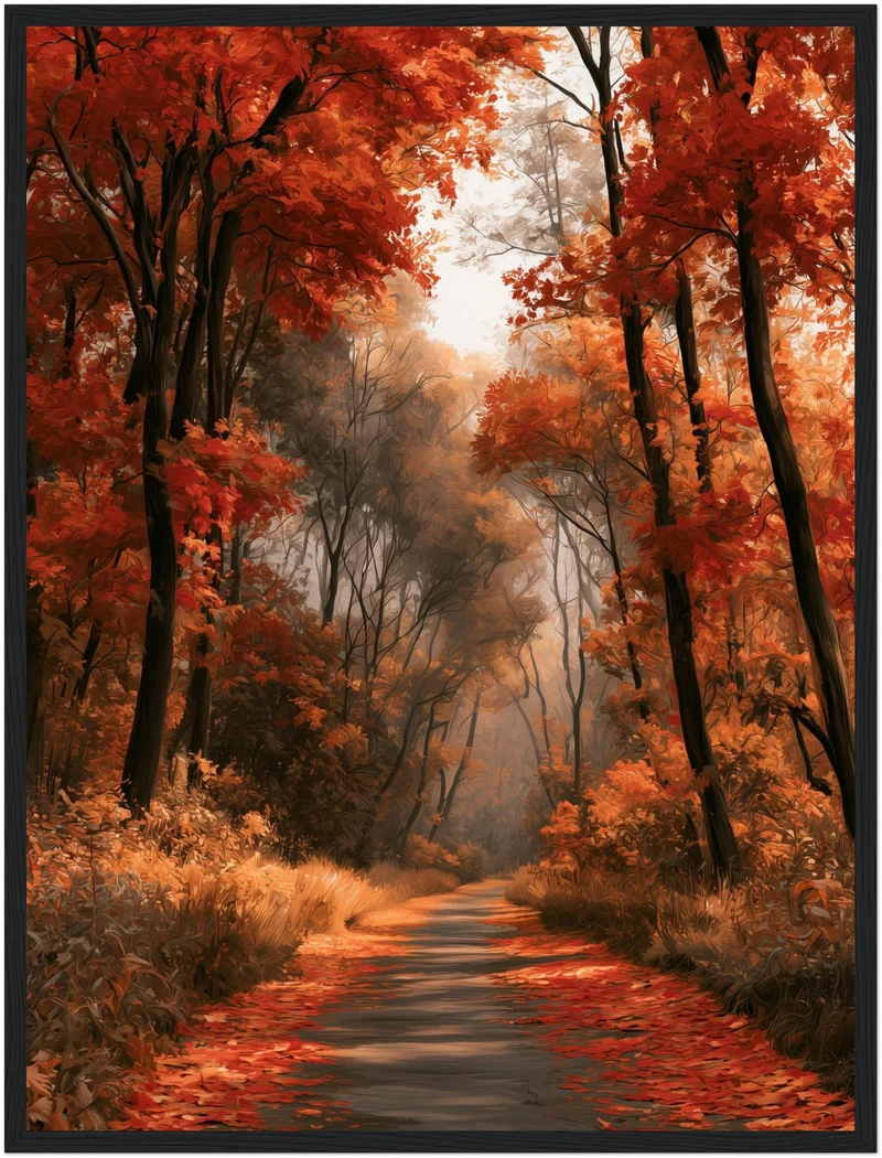 Herbstlicher Waldweg im Nebel Poster