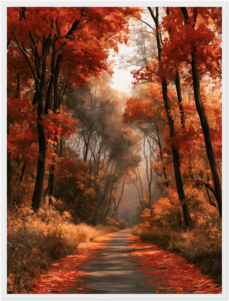 Herbstlicher Waldweg im Nebel Poster