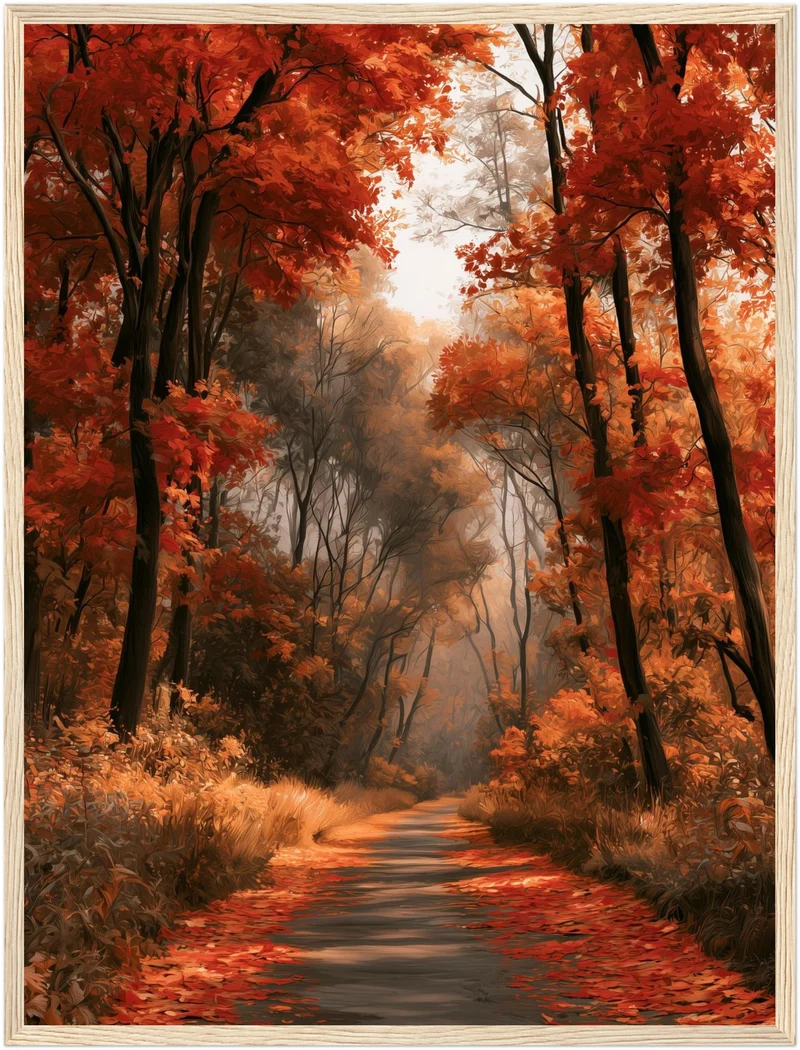 Herbstlicher Waldweg im Nebel Poster