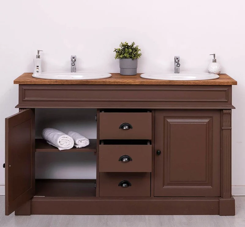 Doppelwaschtisch mit Unterschrank - Waschbeckenunterschrank aus Massivholz