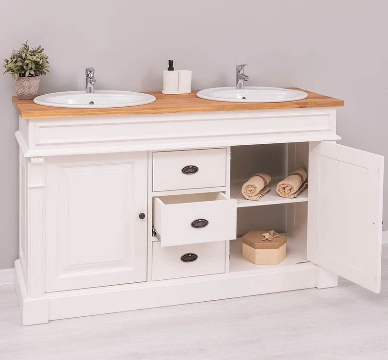 Doppelwaschtisch mit Unterschrank - Waschbeckenunterschrank aus Massivholz mit Eichenplatte