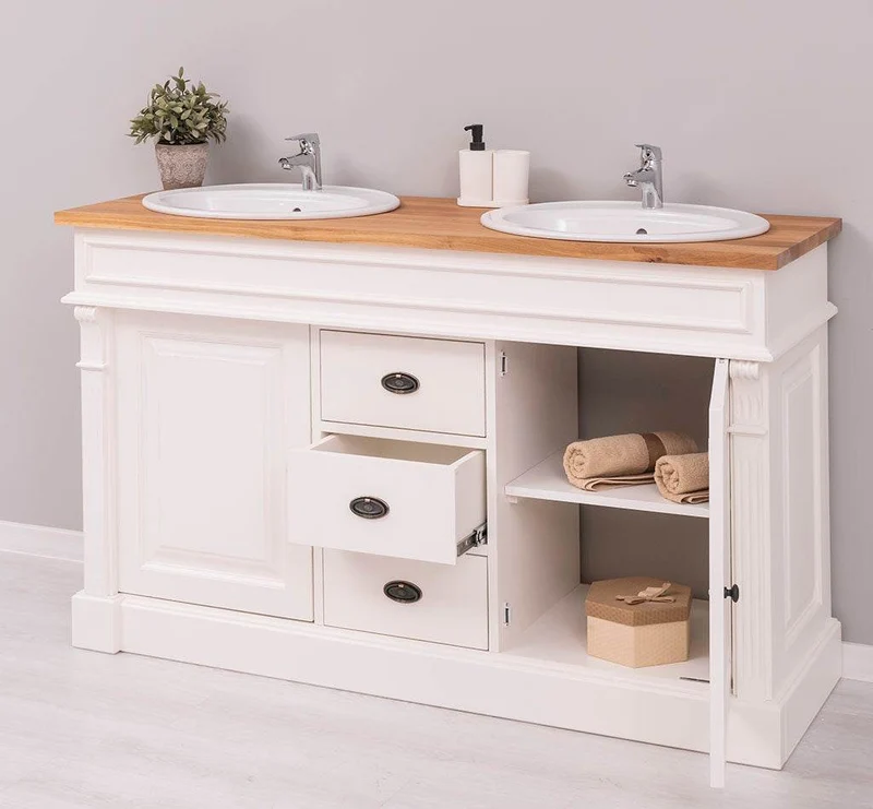 Doppelwaschtisch mit Unterschrank - Waschbeckenunterschrank aus Massivholz mit Eichenplatte