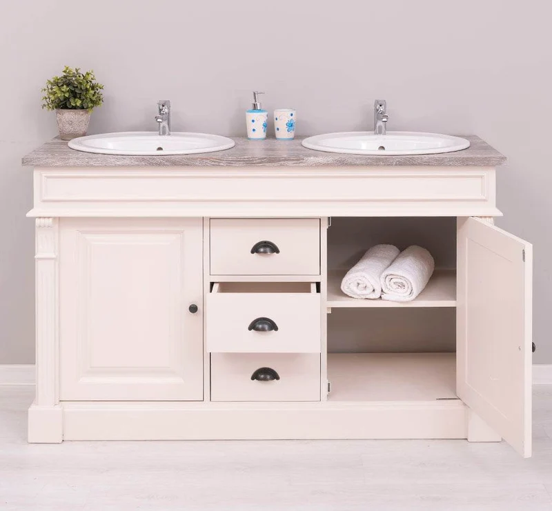 Doppelwaschtisch mit Unterschrank - Waschbeckenunterschrank aus Massivholz mit Eichenplatte