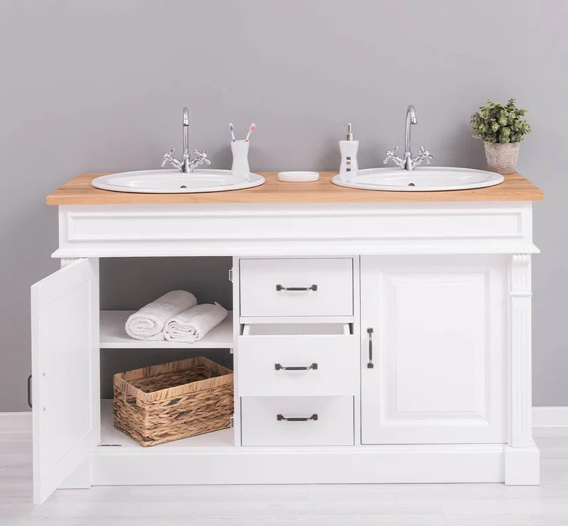 Doppelwaschtisch mit Unterschrank - Waschbeckenunterschrank aus Massivholz mit Eichenplatte