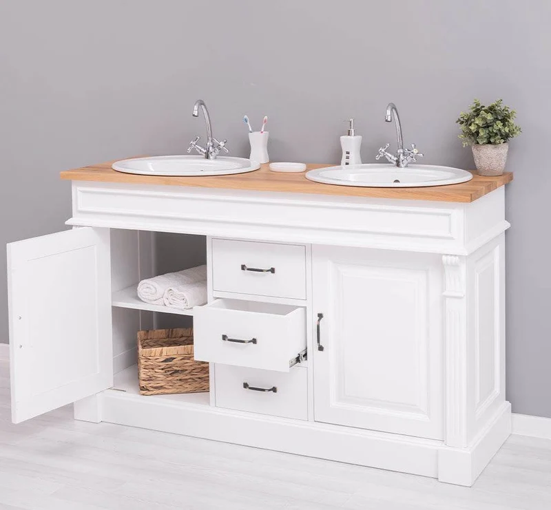 Doppelwaschtisch mit Unterschrank - Waschbeckenunterschrank aus Massivholz mit Eichenplatte