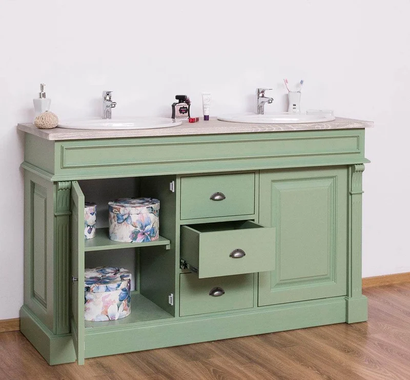 Doppelwaschtisch mit Unterschrank - Waschbeckenunterschrank aus Massivholz mit Eichenplatte