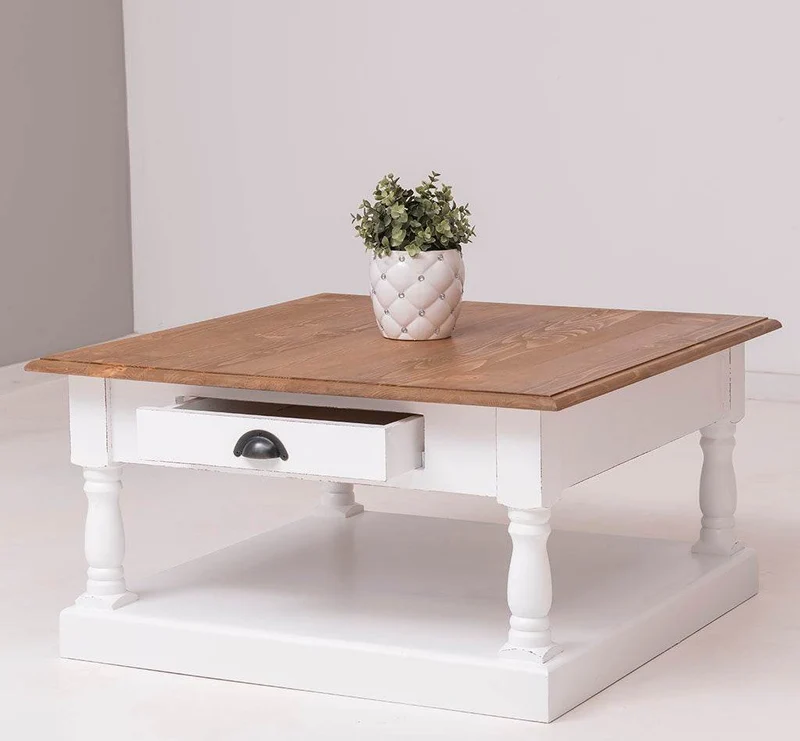 Kleiner Couchtisch aus Massivholz im Landhausstil mit Schublade