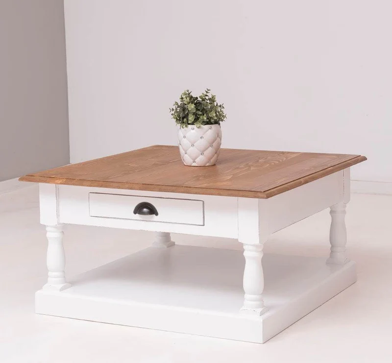 Kleiner Couchtisch aus Massivholz im Landhausstil mit Schublade