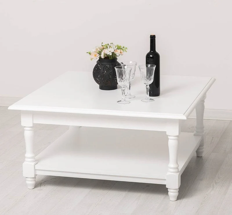 Quadratischer Couchtisch aus Massivholz mit gedrechselten Beinen