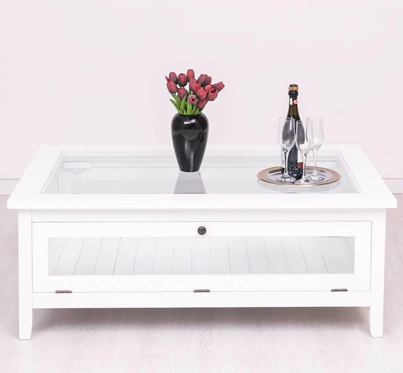 Großer Couchtisch aus Massivholz mit Fenstertüren und Glasplatte
