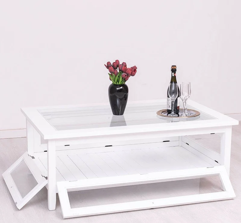 Großer Couchtisch aus Massivholz mit Fenstertüren und Glasplatte