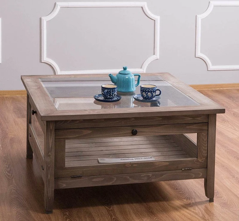 Couchtisch aus Massivholz mit Schaukasten - Fenstertüren und Glasplatte