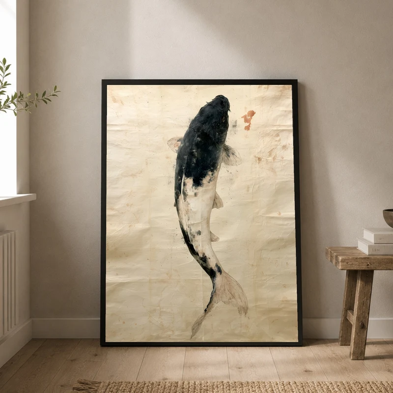 Schwarzer Koi im Fluss Poster
