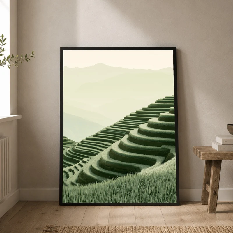 Stille Reisterrassen im Nebel Poster