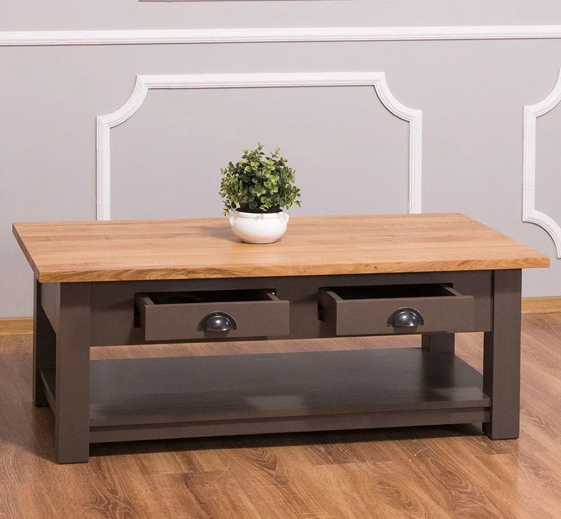 Couchtisch aus Massivholz mit zwei Schubladen - Kaffeetisch mit Tischplatte aus Eiche