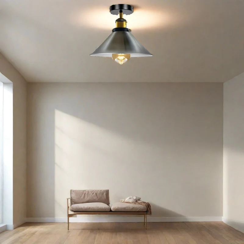 LED Satinnickel Deckenleuchte E27 Rund Schirm Ø 22cm Kegelform~2988