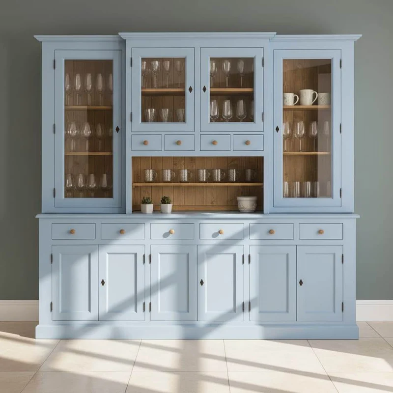 Großer Geschirrschrank aus Massivholz | Vitrine | 2-teilig | 9 Türen | 6 Schubladen