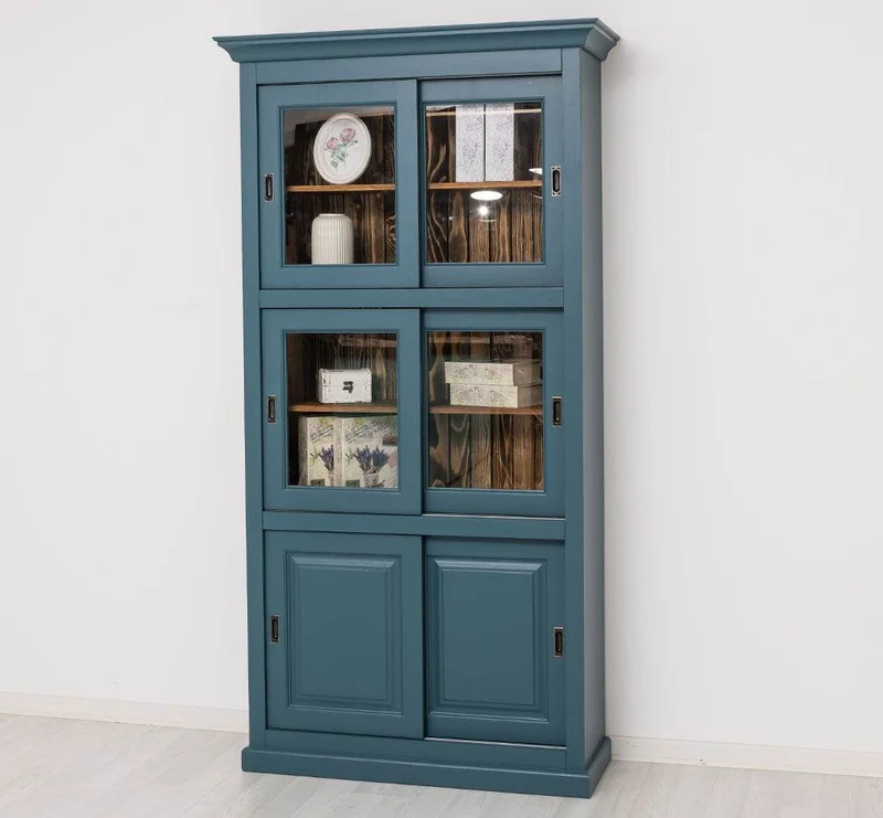 Geschirrschrank aus Massivholz | Küchenschrank | Vitrine | mit 6 Schiebetüren