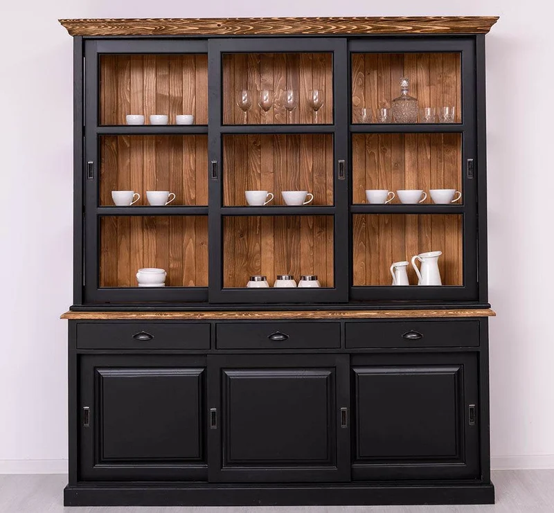 Geschirrschrank | Vitrine mit Glas-Schiebetüren| 2-teilig