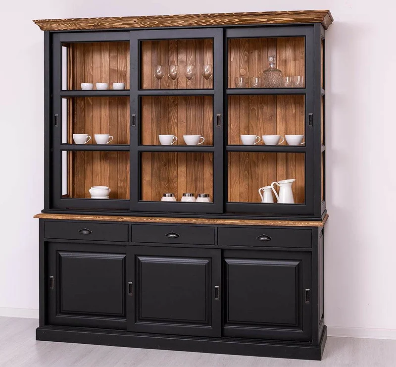 Geschirrschrank | Vitrine mit Glas-Schiebetüren| 2-teilig