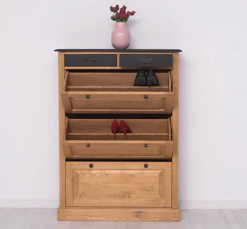 Vintage Schuhschrank aus Massivholz mit Kippfächern - Holzkontrast