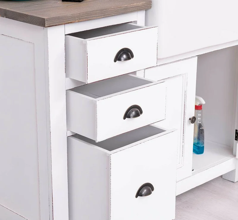 Küchenschrank mit Spülbeckenaussparung aus Massivholz mit 3 Schubladen