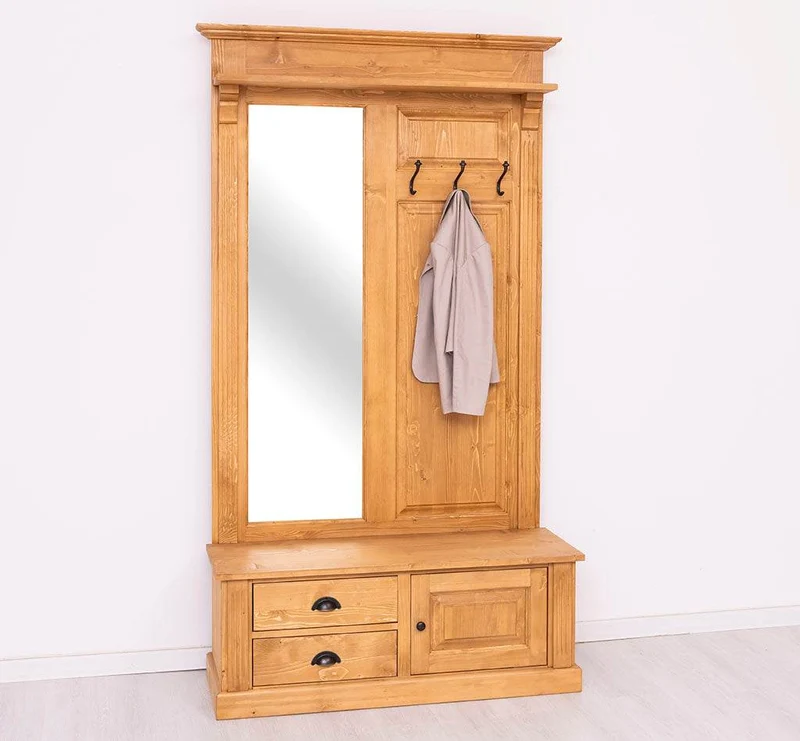 Garderobe aus Massivholz mit Spiegel und Staufächern