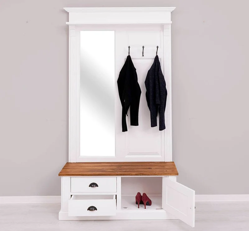 Garderobe aus Massivholz mit Spiegel und Staufächern