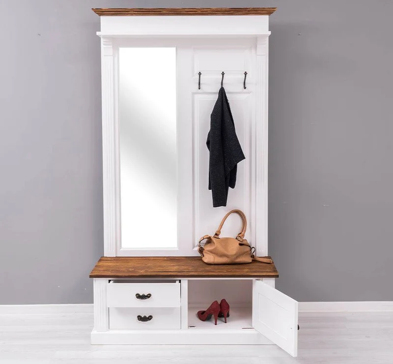 Garderobe aus Massivholz mit Spiegel und Staufächern
