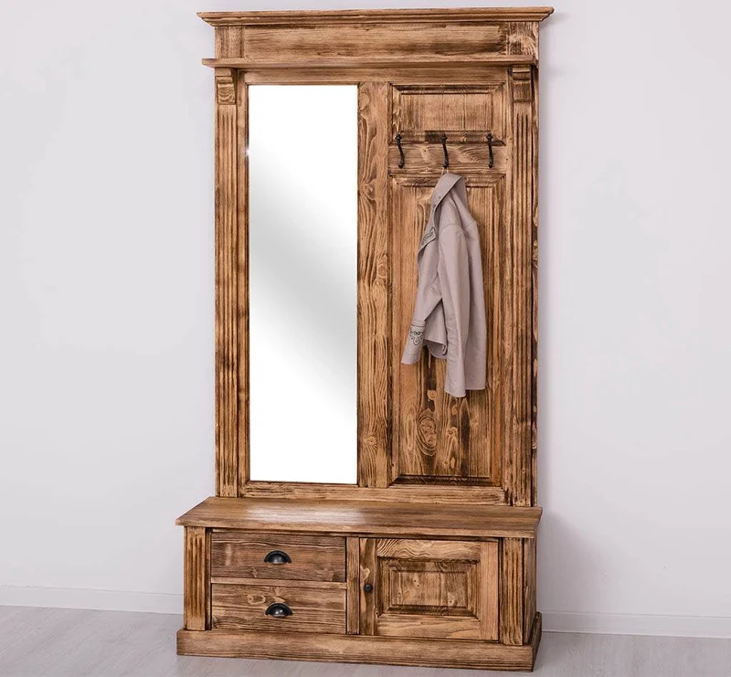 Garderobe aus Massivholz mit Spiegel und Staufächern